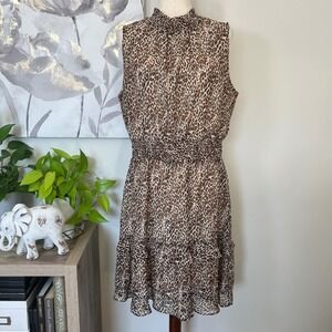 Leopard Print‎ Tiered Ruffle Dress XL Sleeveless Mock Neck Flowy Chiffon Mini